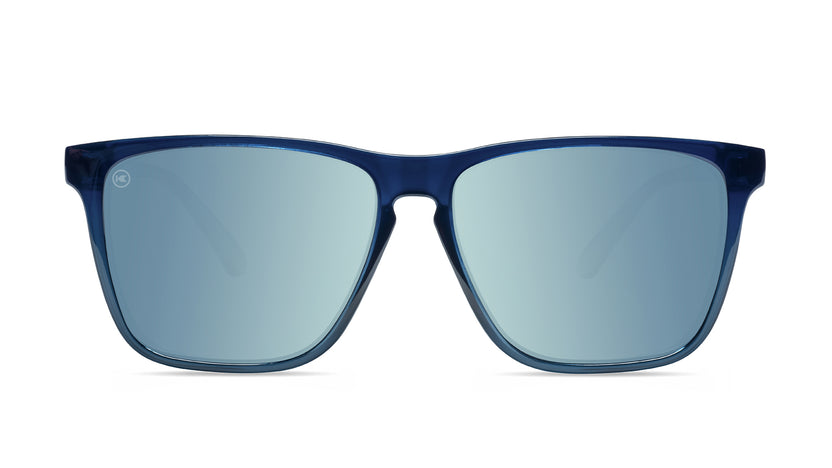Sunglasses with Glossy Blue Frames and Polarized Sky Blue Lenses, Front
