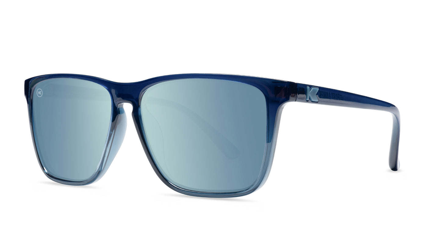 Sunglasses with Glossy Blue Frames and Polarized Sky Blue Lenses, Threequarter