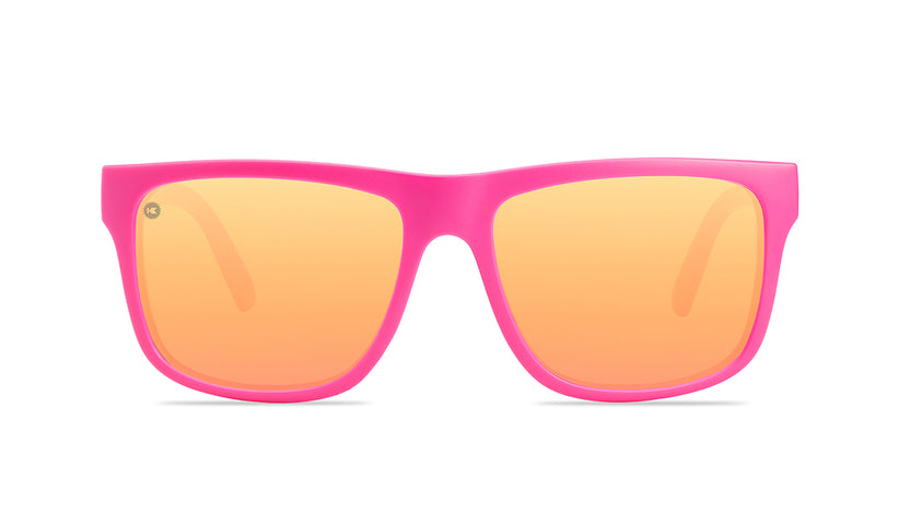 Sunglasses with pink frames and polarized pink lenses, front
