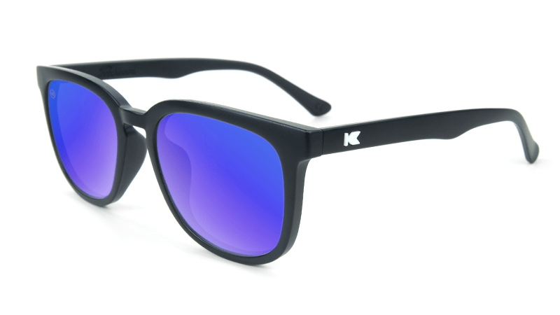 Matte black sunglasses with square blue lenses