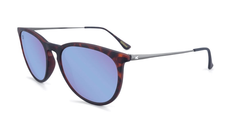 Matte tortoise sunglasses with round mirrored blue lenses