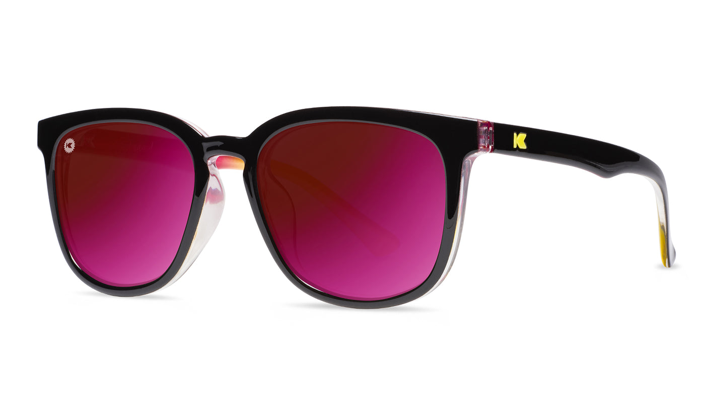 Sunglasses with Black Frame and Polarized Fuchsia Lenses, Threequarter