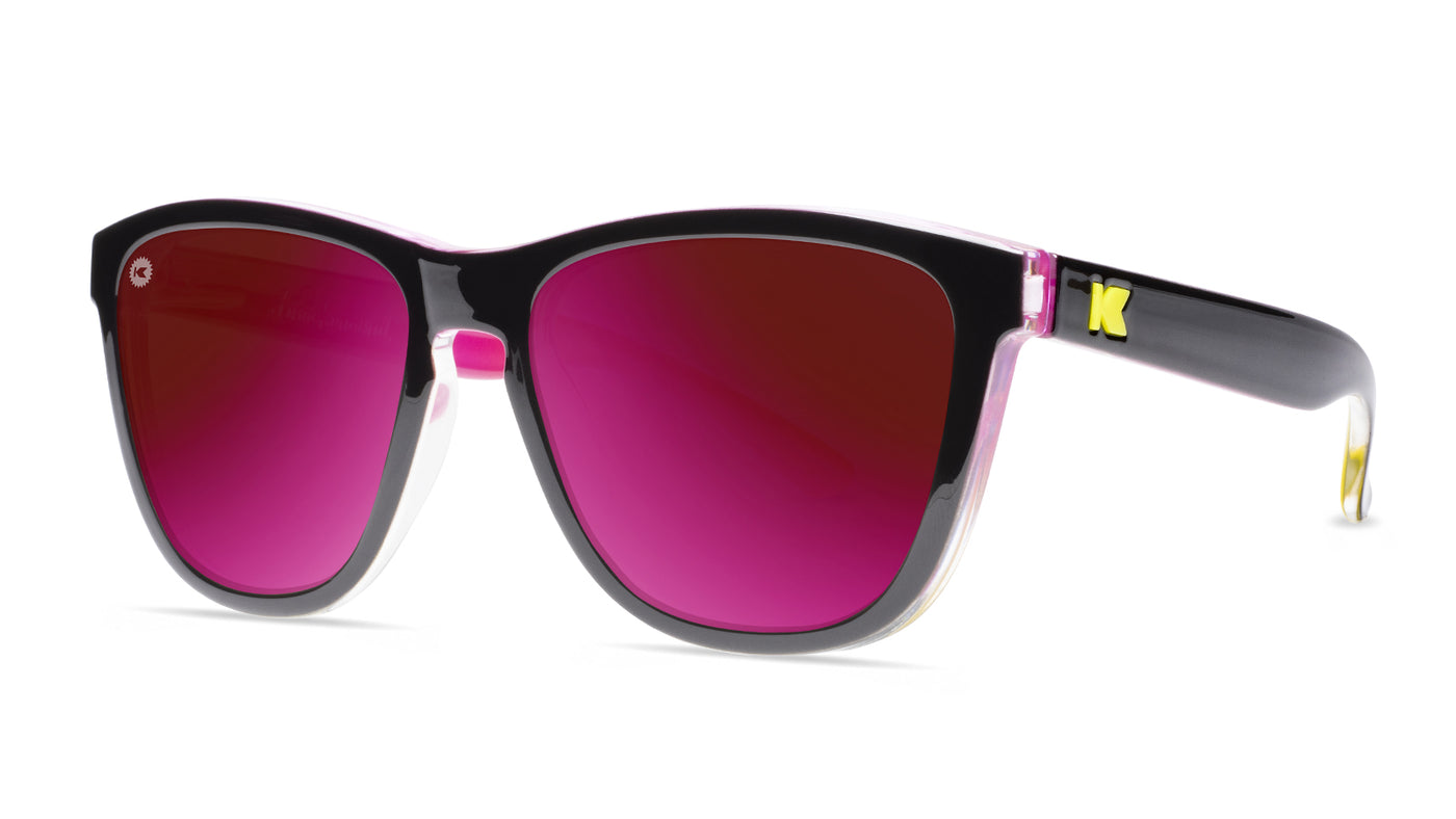 Sunglasses with Black Frame and Polarized Fuchsia Lenses, Threequarter