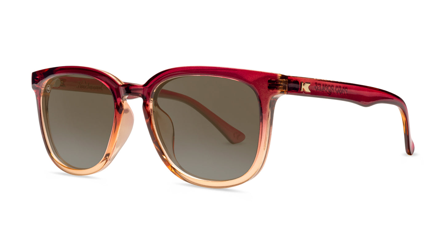 Sunglasses with Raspberry and Creme Beige Frames with Polarized Amber Lenses, Threequarter