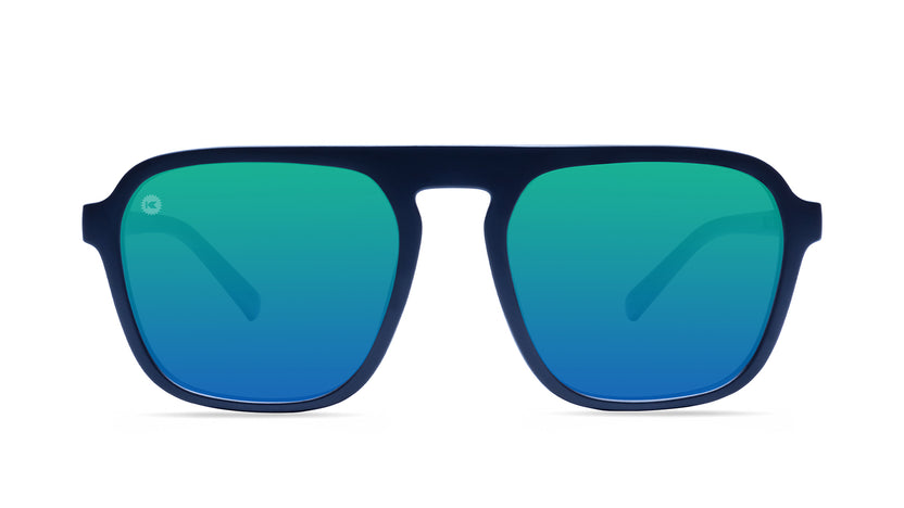 Sunglasses with Blue Frames and Polarized Green Lenses,  Front