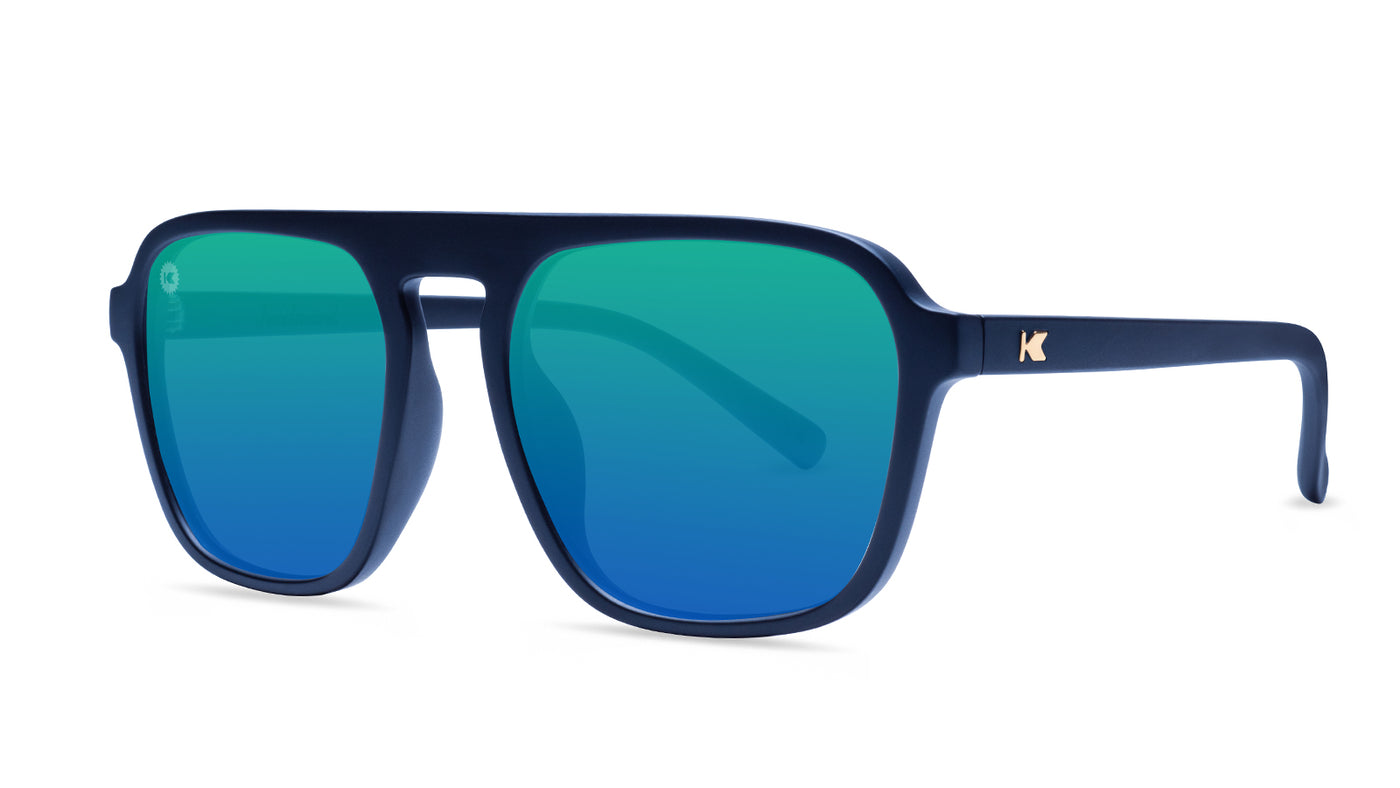 Sunglasses with Blue Frames and Polarized Green Lenses, Threequarter