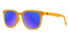 Knockaround Neon Orange Sunglasses with Polarized Blue Lenses, Threequarter