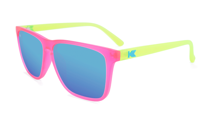 Neon Pink/Yellow sunglasses with square blue lenses