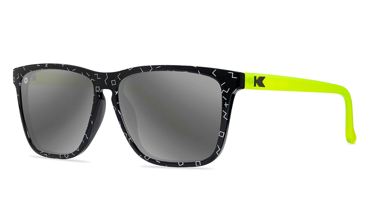 Knockaround Sunglasses with Black and Neon Yellow Frames and Polarized Silver Lenses, Threequarter