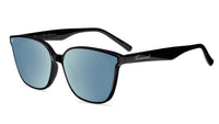 Sunglasses with a black frame with polarized blue lenses, flyover
