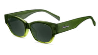 Sunglasses with a glossy seaweed green fade frame and polarized aviator green lenses, Flyover