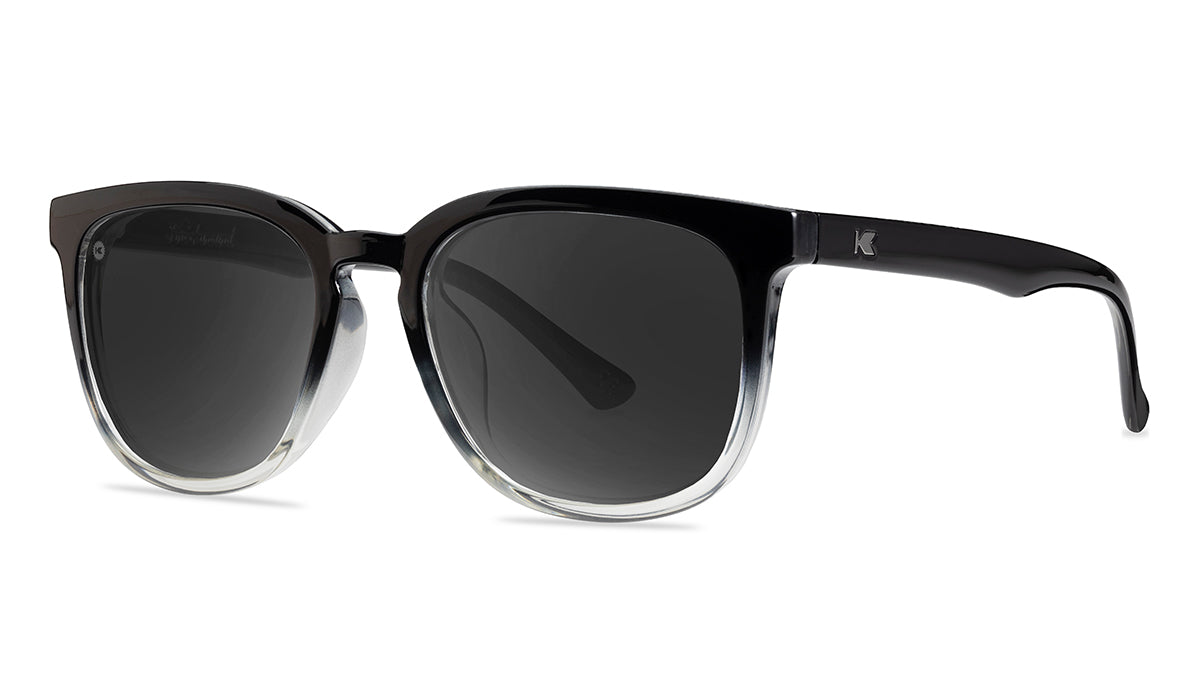 Sunglasses with Glossy Black Frames and Polarized Smoke Lenses, Threequarter