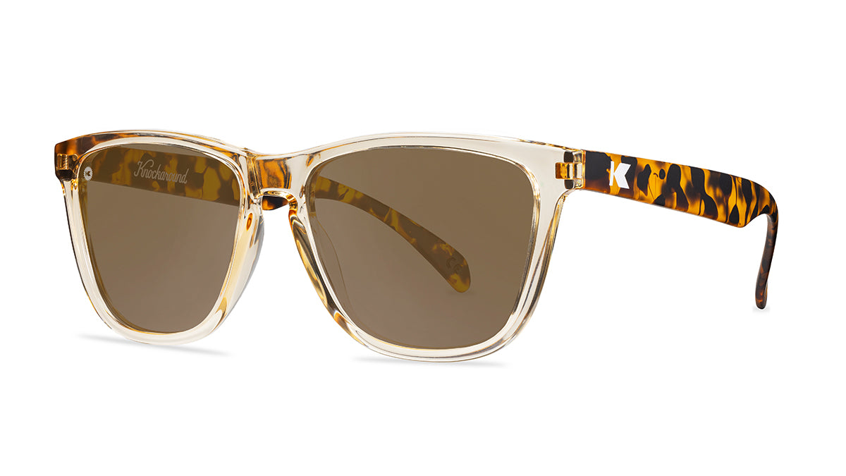 Sunglasses With Clear Tan Fronts, Tortoise Shell Arms and Polarized Amber Lenses, Threequarter