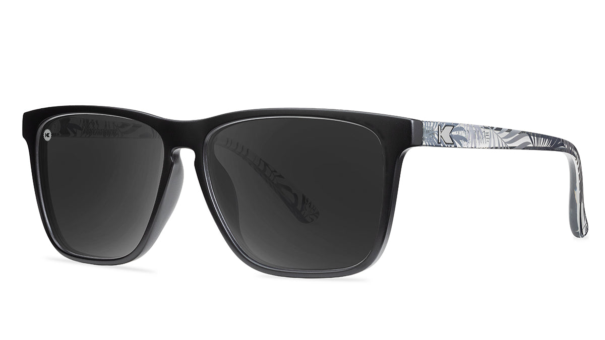 Sunglasses with Black Fronts and Palm Tree Arms and Polarized Smoke Lenses, Threequarter