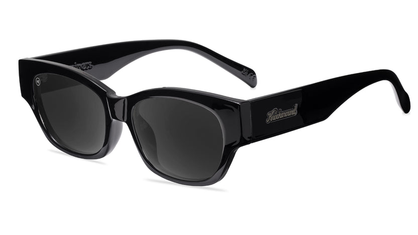 Sunglasses with a glossy black frame and polarized smoke lenses, Flyover