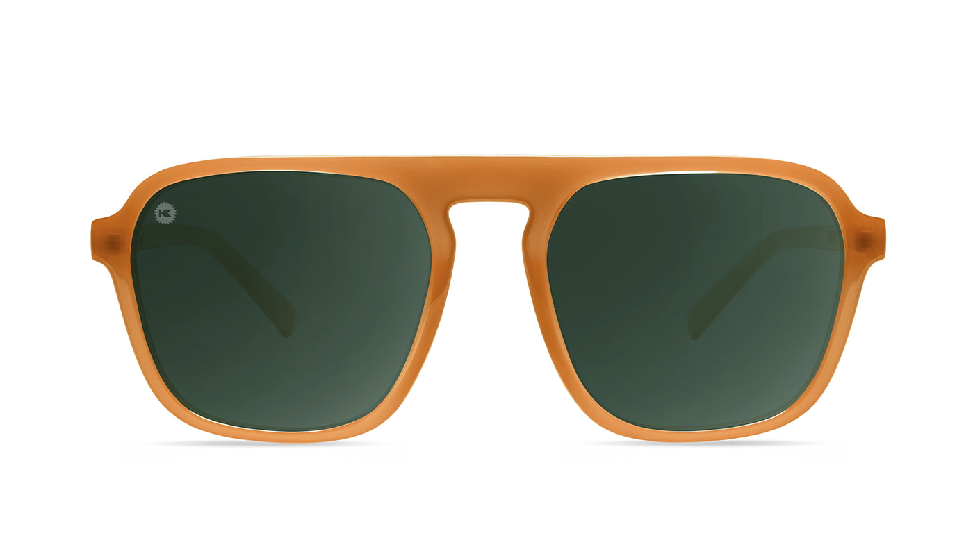 Sunglasses with Orange Frames and Polarized Green Lenses, Front