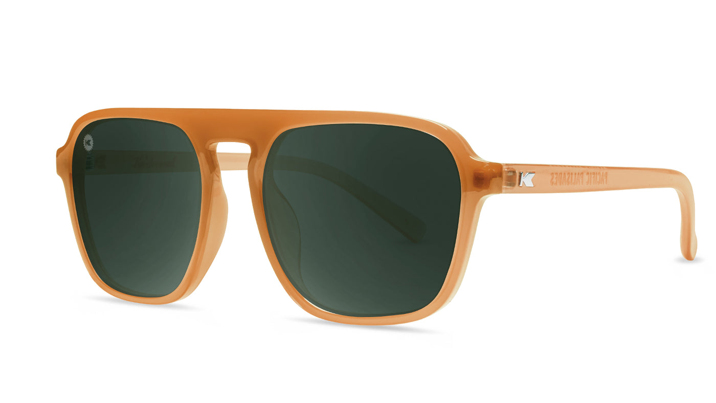 Sunglasses with Orange Frames and Polarized Green Lenses, Threequarter