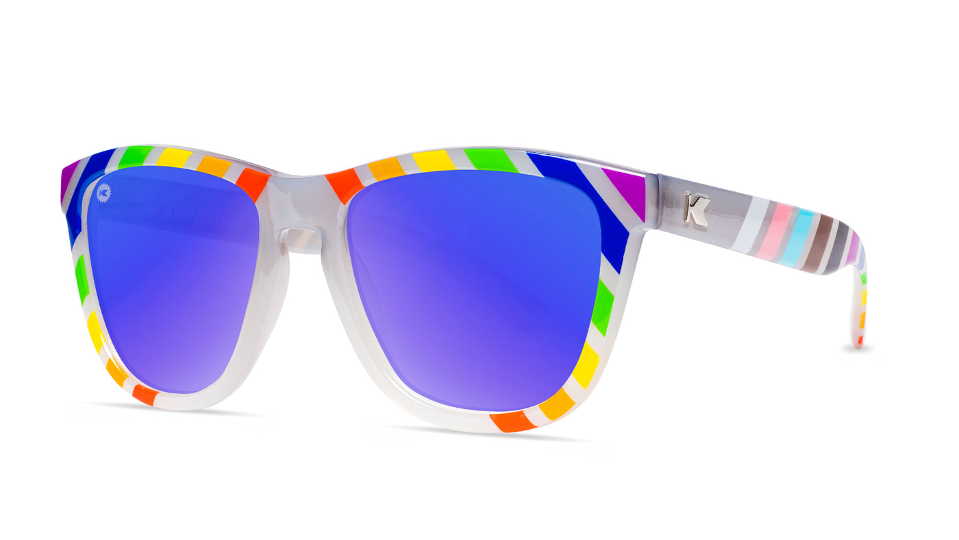 Sunglasses with Pride Flag and Polarized Blue Moonshine Lenses, Threequarter