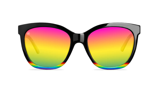 Sunglasses with Glossy black fronts with rainbow accent at bottom, Progress Pride color swirl across arms Silver K-logos Polarized rainbow lenses