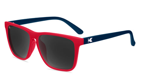 Sport Sunglasses with Red fronts, Glossy Blue Arms Frame and Polarized Black Smoke Lenses, Flyover