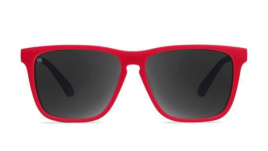 Sport Sunglasses with Red fronts, Glossy Blue Arms Frame and Polarized Black Smoke Lenses, Front