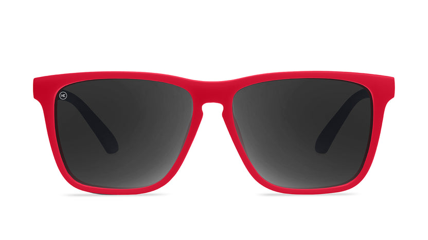 Sport Sunglasses with Red fronts, Glossy Blue Arms Frame and Polarized Black Smoke Lenses, Front