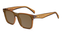 Sunglasses with an amber frame with polarized amber lenses, flyover