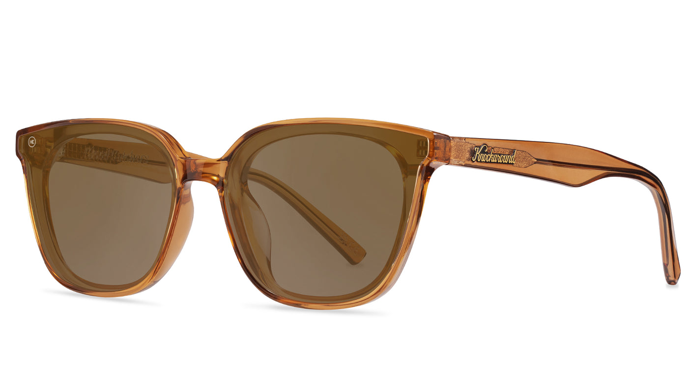 Sunglasses with a amber frame with polarized amber lenses, threequarter