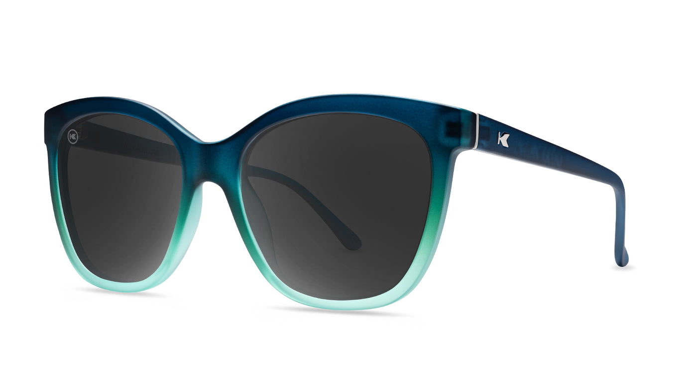 Sunglasses with Deep Blue to Light Blue Frames and Polarized Black Lenses, Threequarter