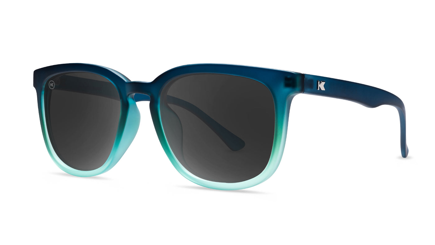 Sunglasses with Deep Blue to Light Blue Frames and Polarized Black Lenses, Threequarter