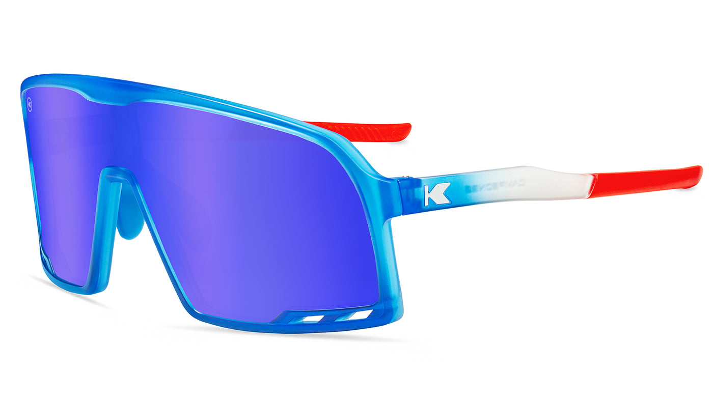 Sport Sunglasses with Red, White, and Blue Gradient Frames and Blue Lenses, Flyover