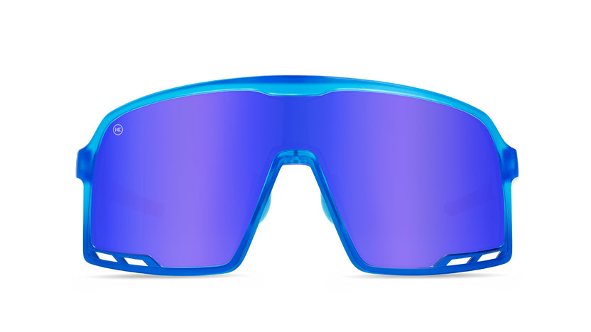 Sport Sunglasses with Red, White, and Blue Gradient Frames and Blue Lenses, Front