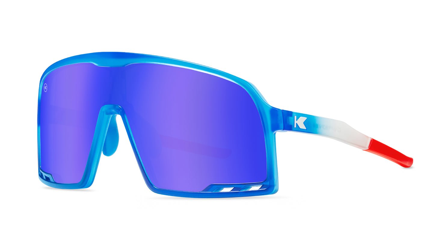 Sport Sunglasses with Red, White, and Blue Gradient Frames and Blue Lenses, Threequarter