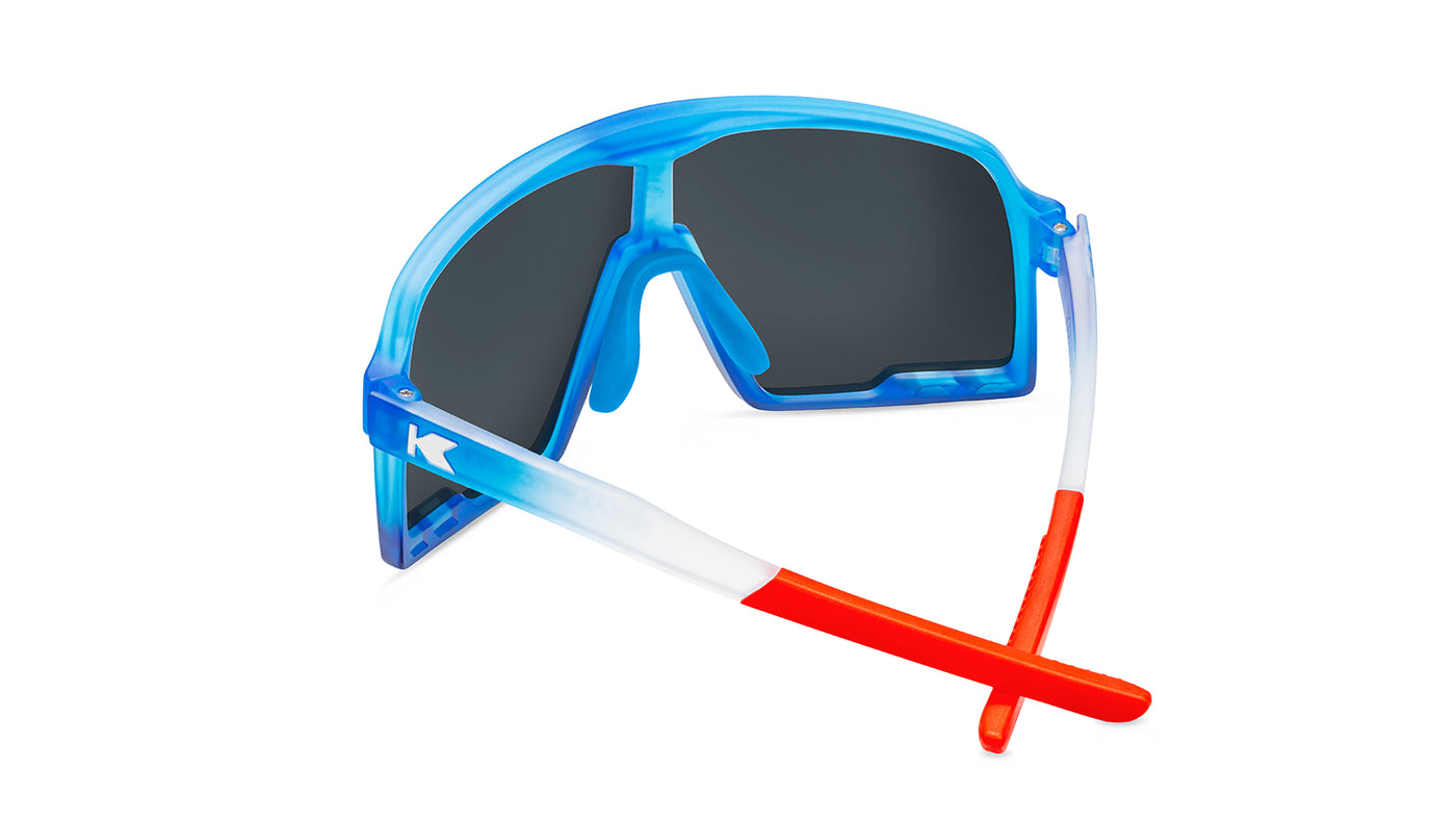 Kids Sport Sunglasses with Red, White, and Blue Gradient Frames and Blue Lenses, Back