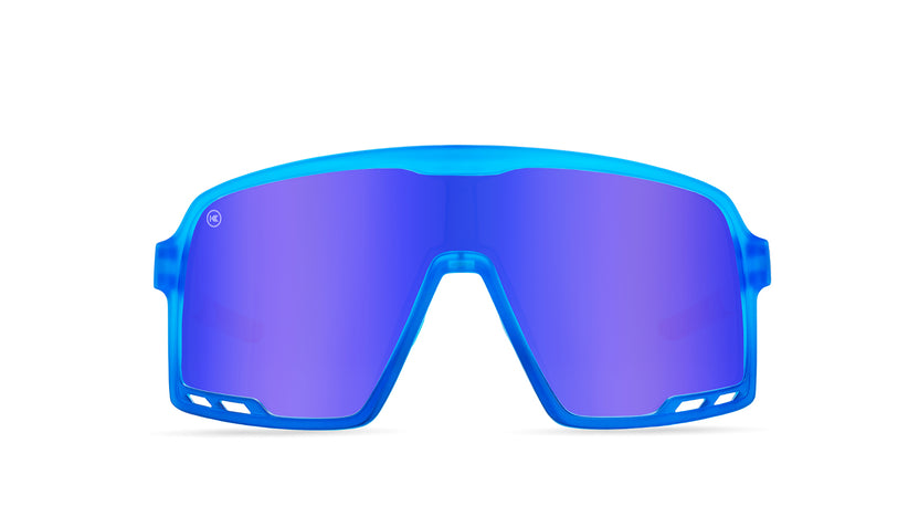 Kids Sport Sunglasses with Red, White, and Blue Gradient Frames and Blue Lenses, Front