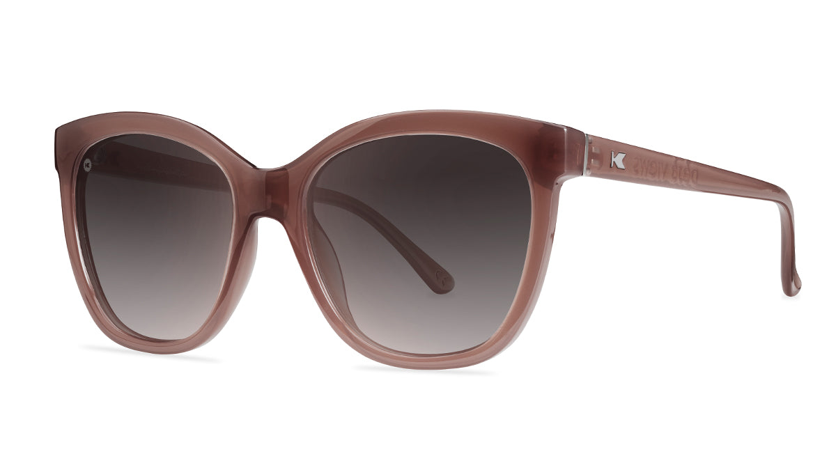 Sunglasses with Rose Latte Frames and Polarized Amber Gradient Lenses, Threequarter