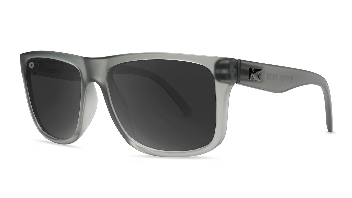 Sunglasses with Frosted Grey Frames and Polarized Black Smoke Lenses, Threequarter