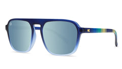 Sunglasses with Blue Frame and accent stripping with Polarized Blue Lenses, Threequarter