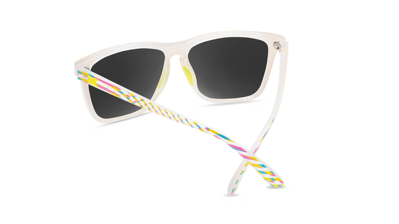 Sport sunglasses with white frames and polarized rainbow lenses, back