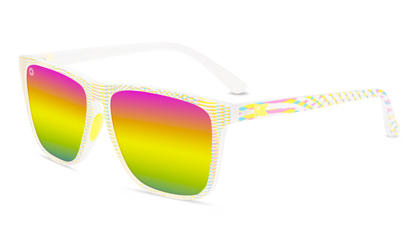 Sport sunglasses with white frames and polarized rainbow lenses, flyover