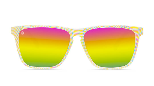 Sport sunglasses with white frames and polarized rainbow lenses, front