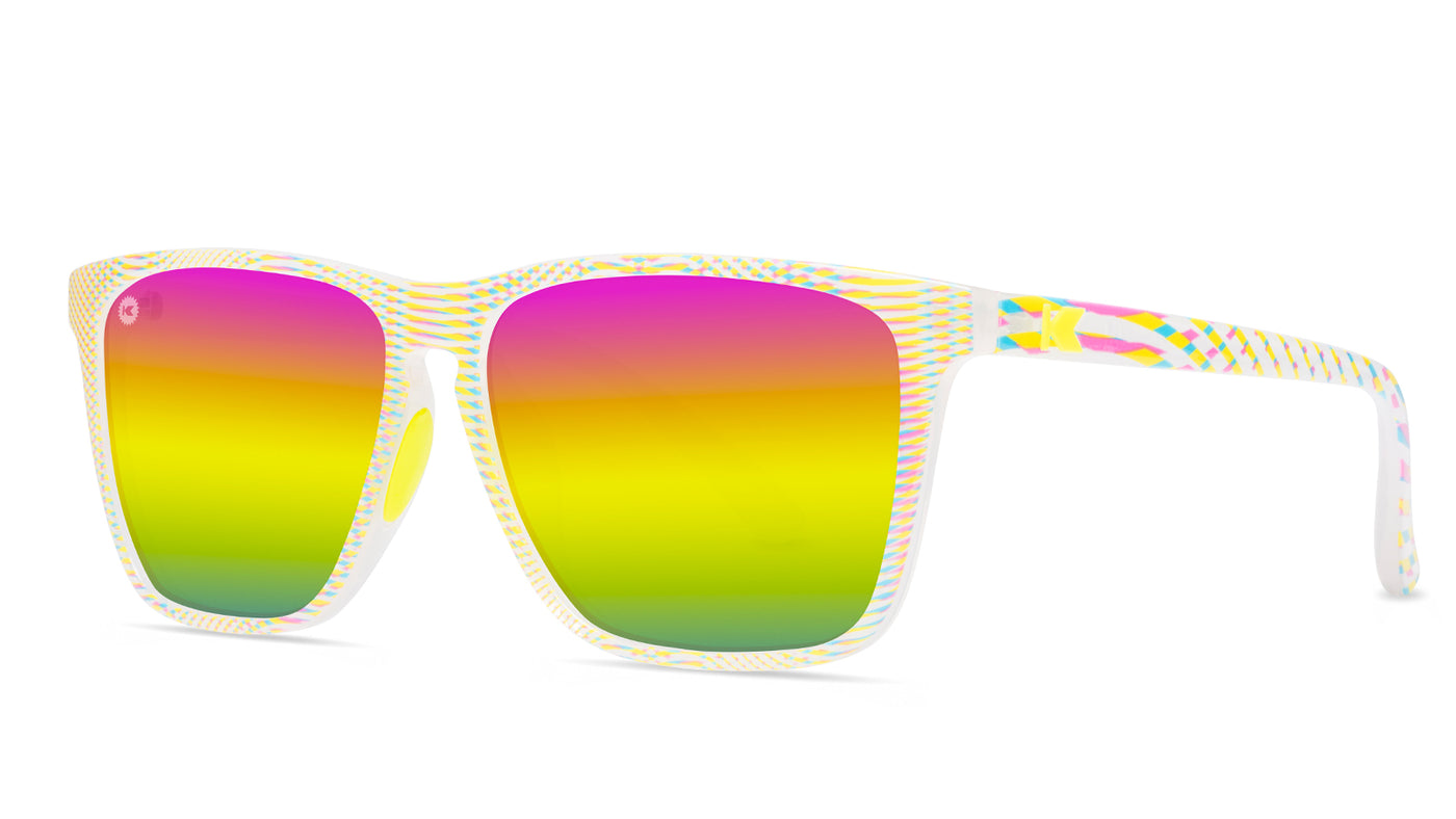 Sport sunglasses with white frames and polarized rainbow lenses, threequarter