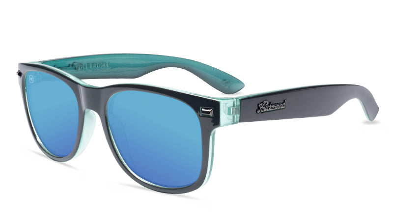 Grey and blue sunglasses with aqua lenses