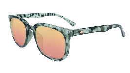 Glossy slate tortoise shell sunglasses with peach lenses