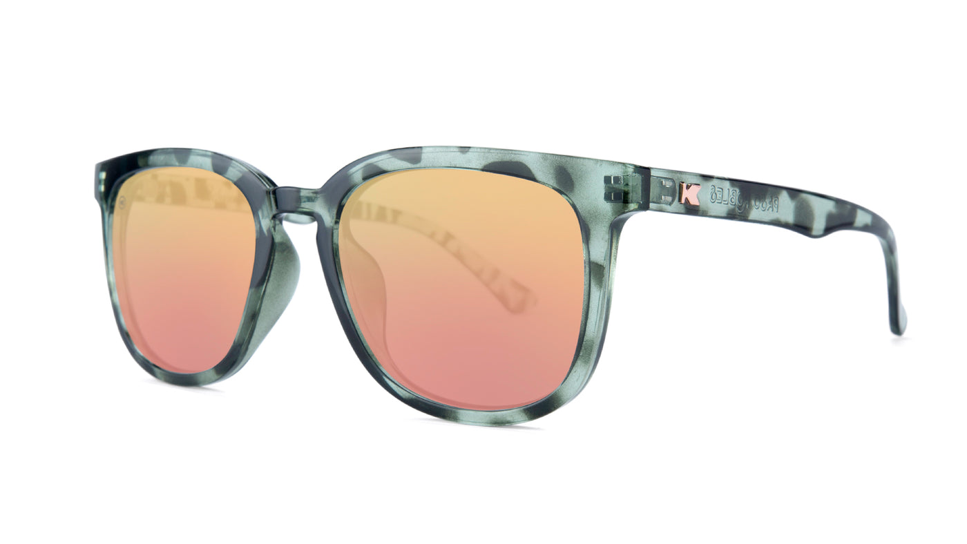Sunglasses with Slate Tortoise Frames and Polarized Rose Gold Lenses, Threequarter
