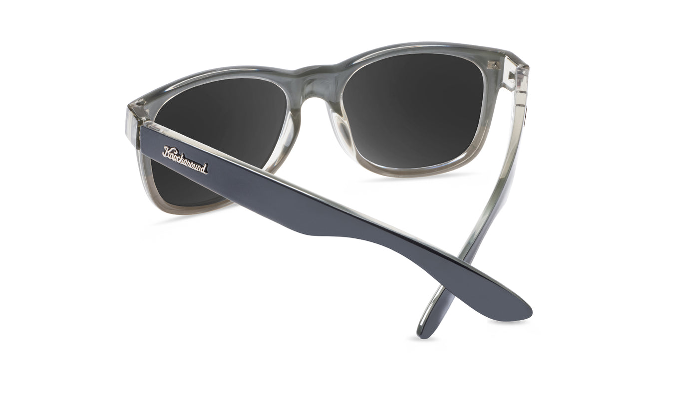 Sunglasses with Smokeset-inspired frames and polarized black smoke lenses, back