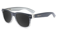 Sunglasses with Smokeset-inspired frames and polarized black smoke lenses, flyover
