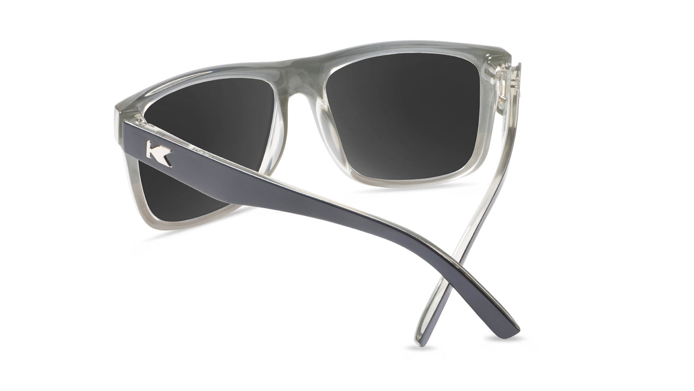 Sunglasses with Smokeset-inspired frames and polarized black smoke lenses, back]