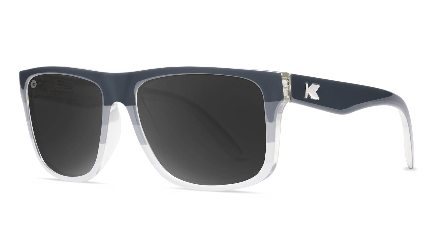 Sunglasses with Smokeset-inspired frames and polarized black smoke lenses, threequarter