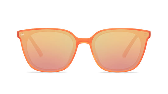 Sunglasses with an orange frame with polarized orange lenses, front